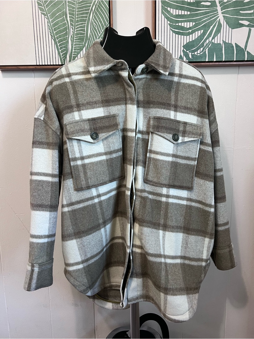 Good American Oversized Plaid Shacket in Taupe and white